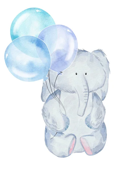 Brinquedo Elefante Aquarela Com Balões Ilustração Crianças Desenhadas Mão — Fotografia de Stock