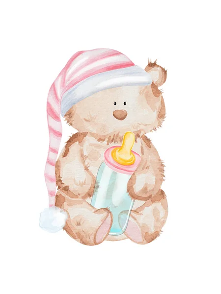 Leuke Aquarel Teddybeer Met Kindflesje — Stockfoto