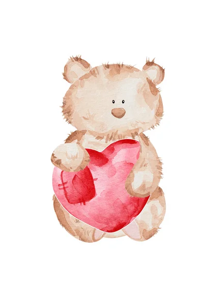 Cute Watercolor Teddy Bear Big Red Heart — Stock Photo, Image