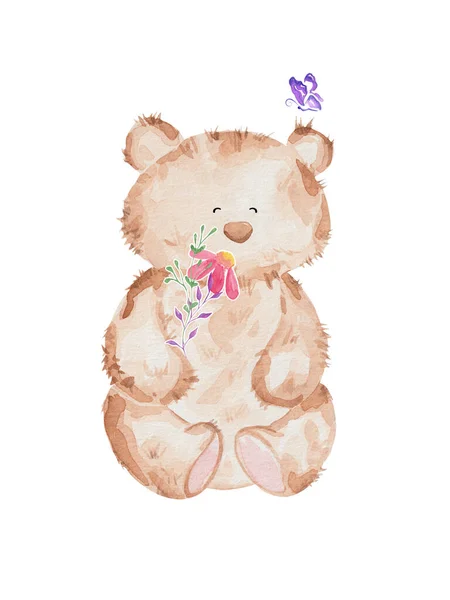 Urso Peluche Com Flor Margarida Ilustração Crianças Desenhadas Mão — Fotografia de Stock