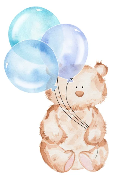 Watercolor Teddy Bear Toy Balloons Hand Drawn Kids Illustration — Stock Photo, Image