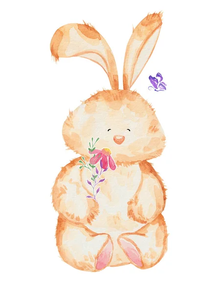 Petit Lapin Avec Fleur Marguerite Illustration Dessinée Main — Photo