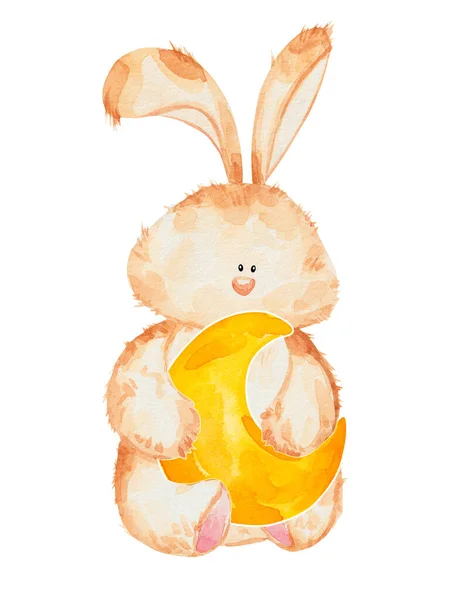 Акварельный Кролик Держит Луну Ручной Рисунок Детей — стоковое фото