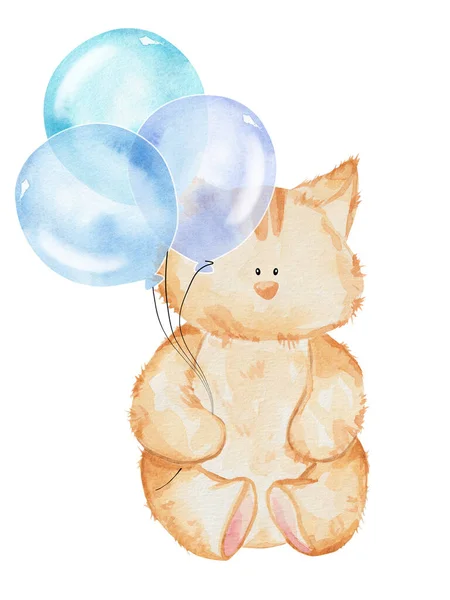 Juguete Gatito Acuarela Con Globos Ilustración Niños Dibujados Mano — Foto de Stock