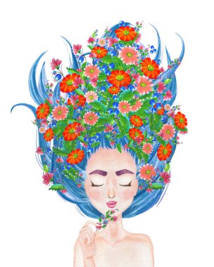 Uzun mavi saçlı, güzel peri kız. El çizimi suluboya çizimi