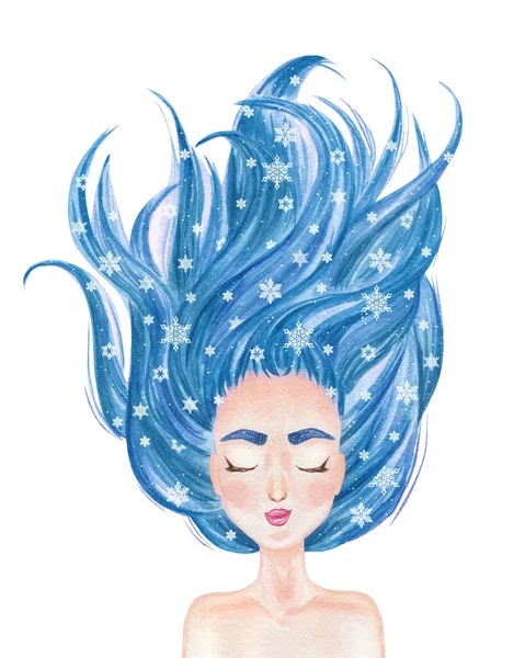 Красива Дівчина Довгим Блакитним Волоссям Сніжинками Ручна Намальована Акварельна Ілюстрація — стокове фото