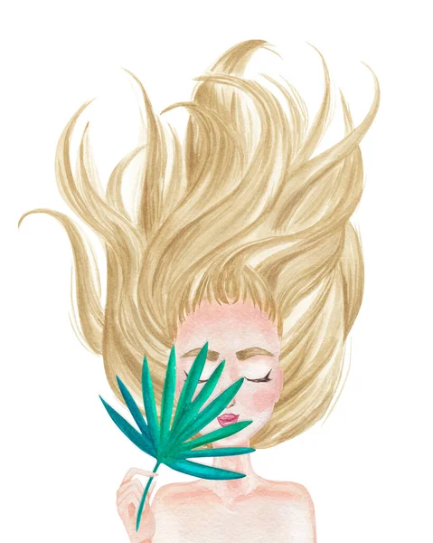 美丽的姑娘 金发碧眼 伸展开来 手中握着热带的叶子 手绘水彩画 — 图库照片