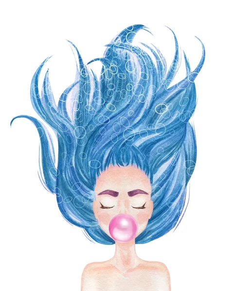 Красива Дівчина Довгим Блакитним Волоссям Викидає Бульбашкову Гумку Ручна Намальована — стокове фото