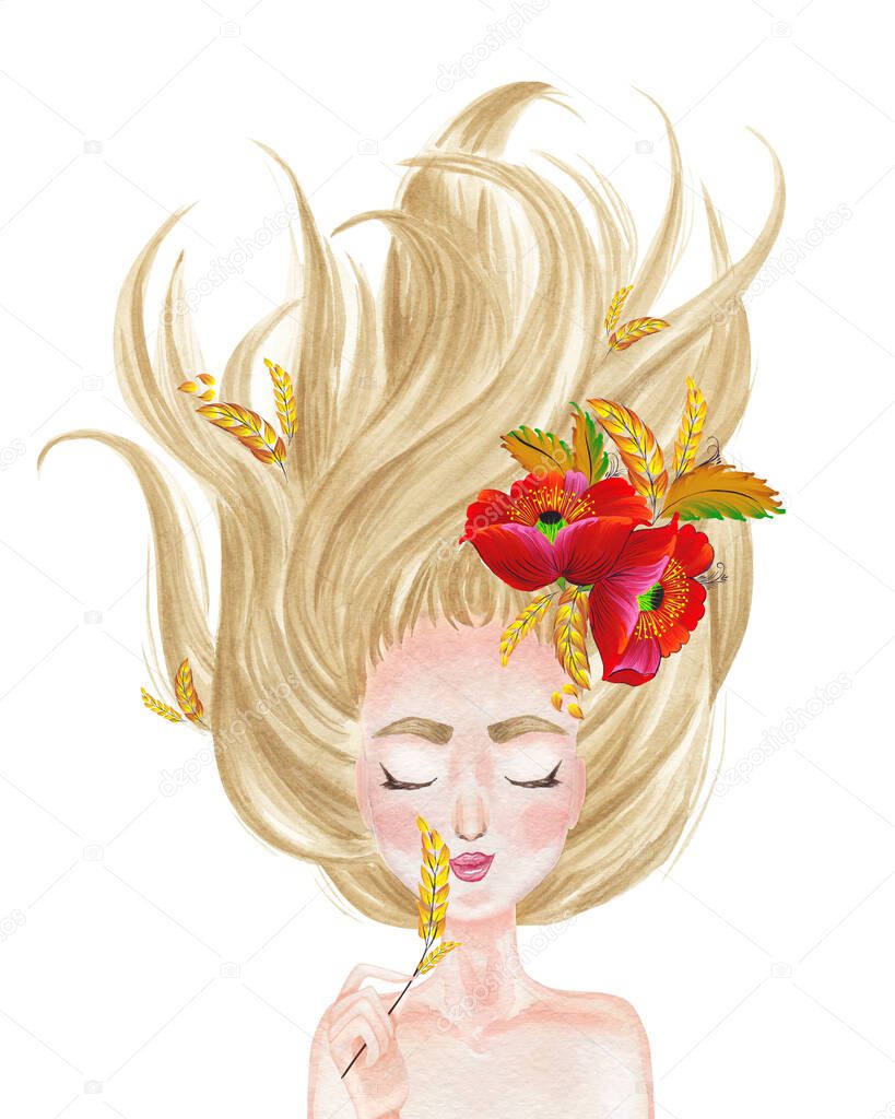 Beautiful girl with long blonde hair spread out and with wreath of poppy flowers. Hand drawn watercolor illustration