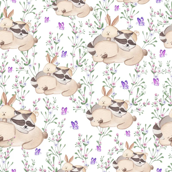 Seamless pattern of sleepy rabbit, raccoon and teddy bear. Cute watercolor illustration