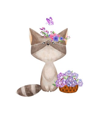 Çiçek sepetli suluboya rakun. Çocuk resimleri