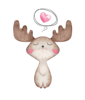 Aşk içindeki suluboya küçük geyik. Sevgililer Günü tebrik kartı.