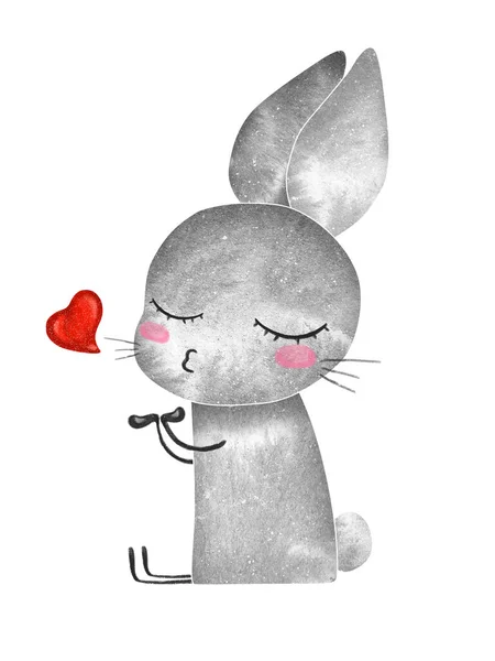 Mignon Petit Lapin Qui Embrasse Son Cœur Ensemble Illustration Enfants — Photo