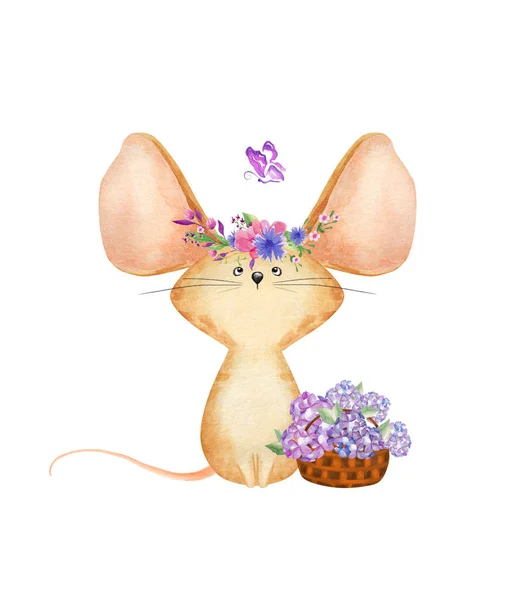 Akvarel Malá Myš Košem Květiny — Stock fotografie