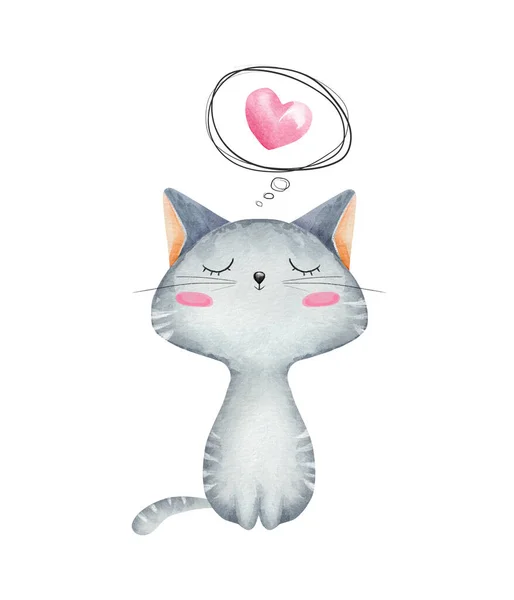 Vattenfärg Liten Katt Förälskad Alla Hjärtans Dag Gratulationskort — Stockfoto