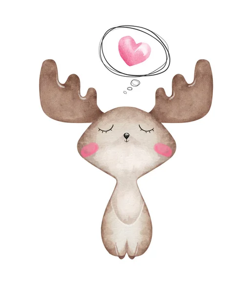 Aquarell Kleiner Verliebter Elch Valentinstag Grußkarte — Stockfoto