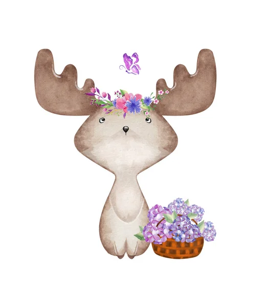 Moose Akvarel Květinovým Košem Dětská Ilustrace — Stock fotografie