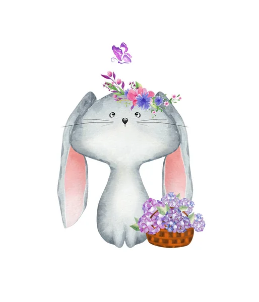 Watercolor Little Rabbit Flower Basket Kids Illustration — Stock Photo, Image