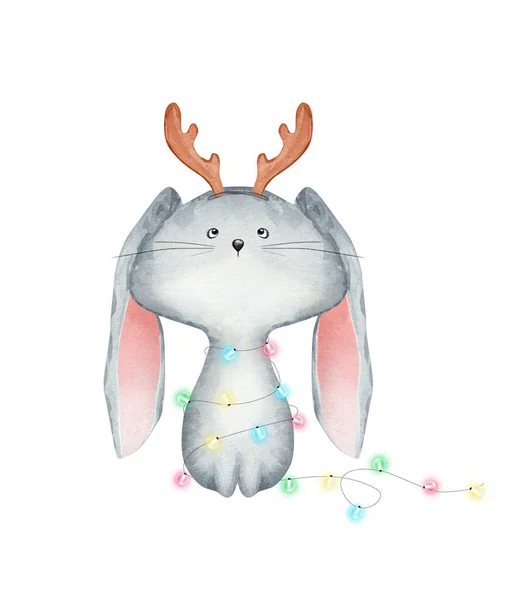 Watercolor Christmas Rabbit Garland Kids Illustration — Stock Photo, Image