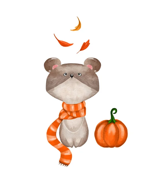 Carino Orso Acquerello Con Zucca Illustrazione Bambini — Foto Stock