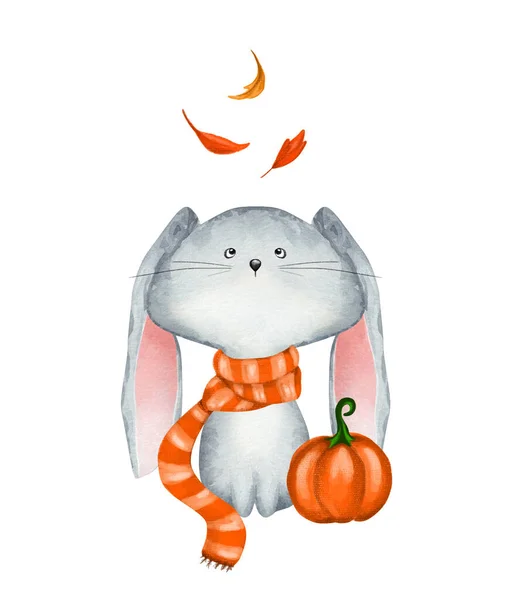 Милый Акварельный Кролик Тыквой Детская Иллюстрация — стоковое фото