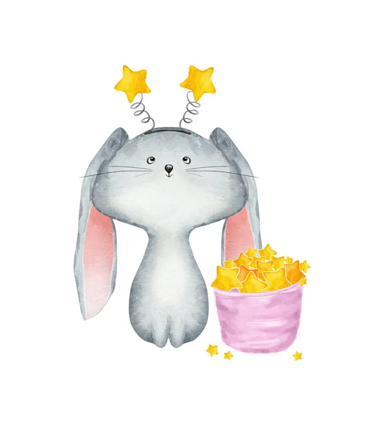Watercolor Fairy Rabbit Stars Kids Illustration — Stock Photo, Image