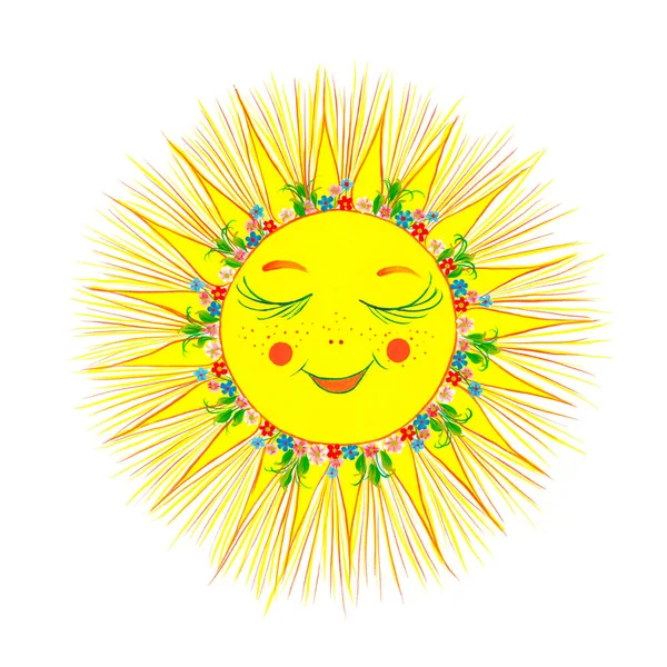 Illustration Der Sonne Mit Blumenkranz Schöne Grußkarte Mit Sonnenschein — Stockfoto