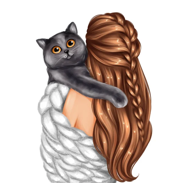 Meisje Een Deken Knuffelen Haar Kat — Stockfoto