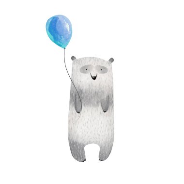 Tatlı suluboya panda elinde balon tutuyor. Çocuk resimleri
