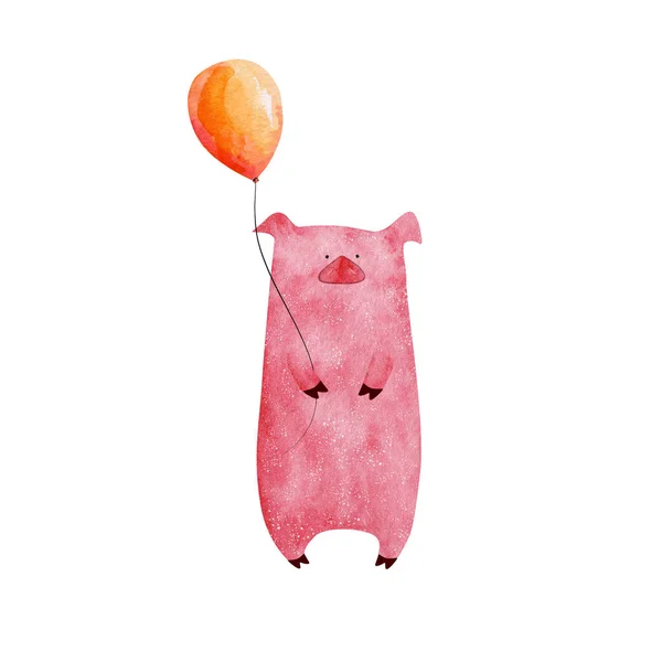 Porco Aquarela Bonito Segurando Balão Watercolor Crianças Ilustração — Fotografia de Stock
