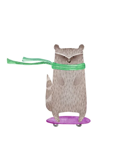 Cute Raccoon Skateboard Watercolor Kids Illustration — Stock Photo, Image