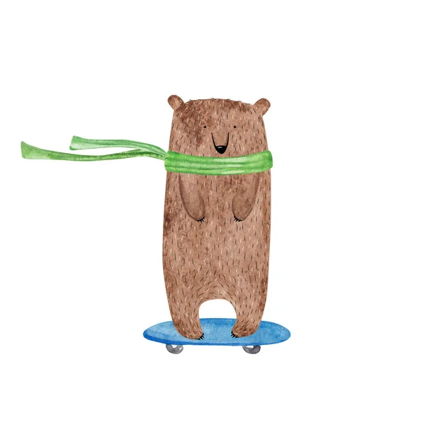 Милий Ведмідь Скейтборді Дитяча Ілюстрація — стокове фото