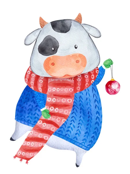 Χαριτωμένη Αγελάδα Που Κρατάει Χριστουγεννιάτικη Μπάλα Χειροποίητη Ακουαρέλα — Φωτογραφία Αρχείου