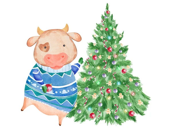 Cute Cow Decorating Christmas Tree Hand Drawn Watercolor Cow Illustration — Stock Photo, Image