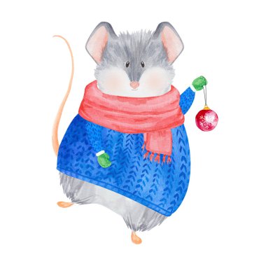 Noel balosu tutan güzel suluboya fare. 2020 Çin Yeni Yılı Fare. Noel tebrik kartı.