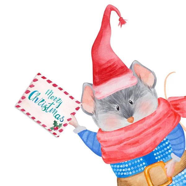 Aquarellratte Weihnachtskostüm Mit Weihnachtskarte 2020 Chinesisches Neujahr Der Ratte Weihnachtsgrußkarte — Stockfoto