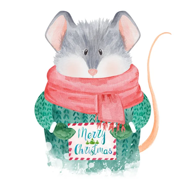 Aquarellratte Pullover Mit Weihnachtskarte 2020 Chinesisches Neujahr Der Ratte Weihnachtsgrußkarte — Stockfoto