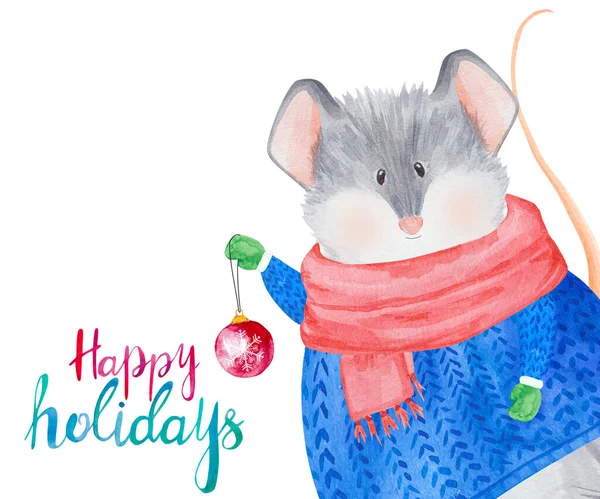 Watercolor Rat Sweater Holding Christmas Ball 2020 Chinese New Year — Stock Photo, Image