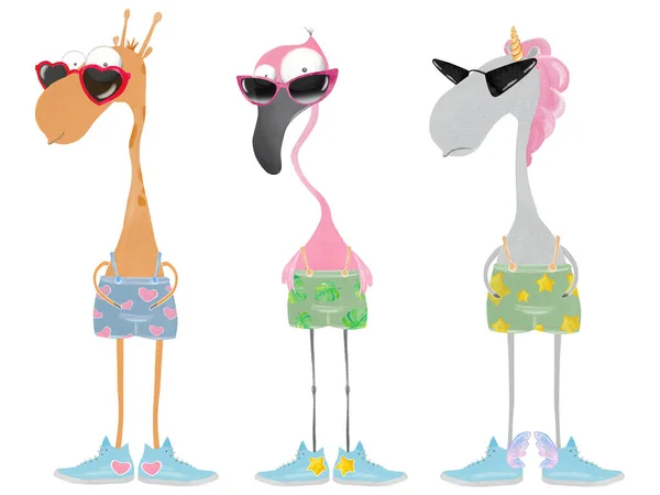Girafa Engraçada Flamingo Conjunto Amigos Unicórnios Ilustração Desenhada Mão — Fotografia de Stock