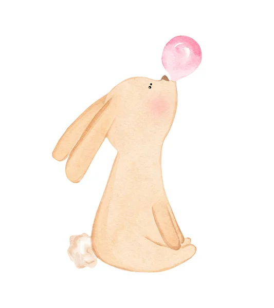 Ručně Kreslené Akvarel Králíček Foukání Bublina Žvýkačka — Stock fotografie