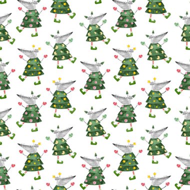 Noel ağacı kostümü giymiş kusursuz bir fare deseni. Çin Yeni Yılı Fare. Noel tebrik kartı koleksiyonu