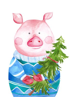 Süveter giymiş suluboya domuz elinde Noel ağacı tutuyor. 2019 Çin Yeni Yılı. Noel tebrik kartı.