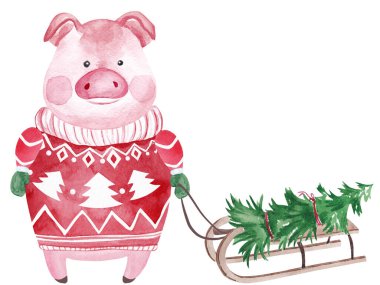 Kazaklı suluboya domuz ve Noel ağacı. 2019 Çin Yeni Yılı. Noel tebrik kartı.