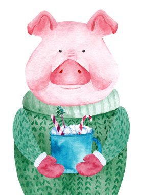 Süveter giymiş suluboya domuz elinde bir fincan kakao tutuyor. 2019 Çin Yeni Yılı. Noel tebrik kartı.