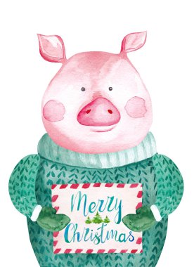 Süveter giymiş suluboya domuz elinde Noel kartı tutuyor. 2019 Çin Yeni Yılı. Noel tebrik kartı.