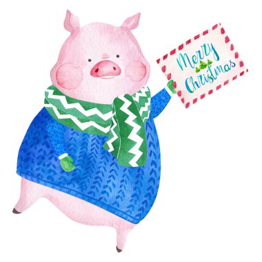 Süveter giymiş suluboya domuz elinde Noel kartı tutuyor. 2019 Çin Yeni Yılı. Noel tebrik kartı.