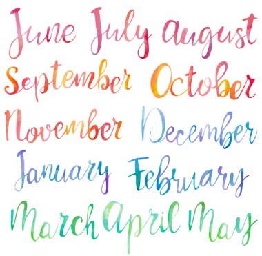 Yılın parlak suluboya ayları çizilmiş beyaz arka planda izole harfler