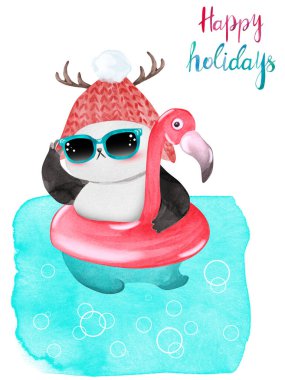 Suluboya Noel pandası flamingo şamandırasıyla yüzüyor. Mutlu bayramlar tebrik kartı