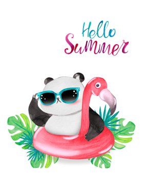 Flamingo yüzen ve tropik yaprakları olan suluboya panda. Merhaba Yaz tebrik kartı.
