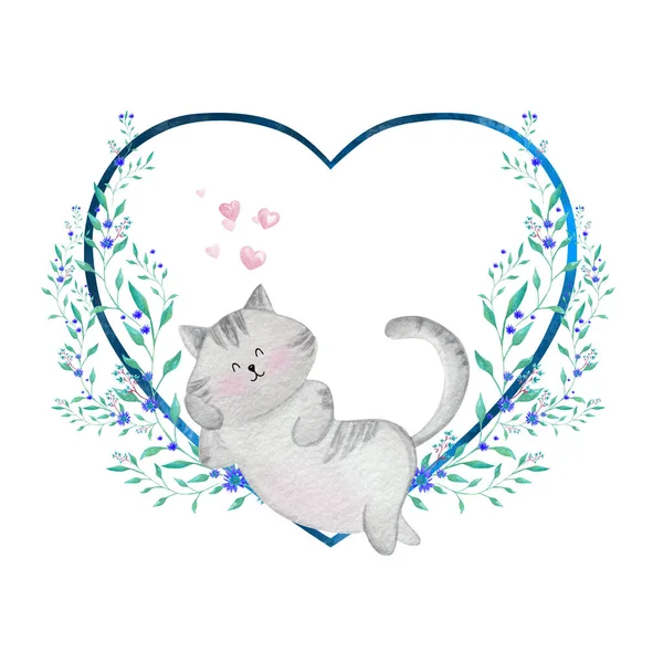 Cute Cat Love Watercolor Illustration — Stock Photo, Image